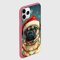 Чехол iPhone 11 Pro матовый Новогодний мопс в гирлянде, цвет: 3D-малиновый — фото 2