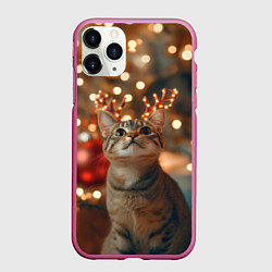 Чехол iPhone 11 Pro матовый Котик с новогодними рожками, цвет: 3D-малиновый