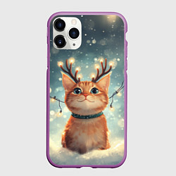 Чехол iPhone 11 Pro матовый Рыжик котик с рогами оленя, цвет: 3D-фиолетовый