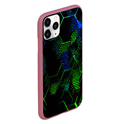 Чехол iPhone 11 Pro матовый Сине-зелёные точки и линии на чёрном фоне, цвет: 3D-малиновый — фото 2