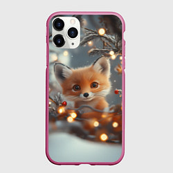 Чехол iPhone 11 Pro матовый Лисичка и гирлянда, цвет: 3D-малиновый