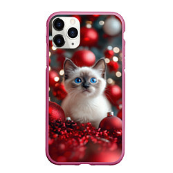 Чехол iPhone 11 Pro матовый Новогодняя пушистая сиамская кошка, цвет: 3D-малиновый