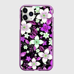 Чехол iPhone 11 Pro матовый Фиолетово-белые цветы на чёрном фоне, цвет: 3D-фиолетовый