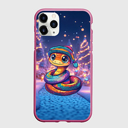 Чехол iPhone 11 Pro матовый Синяя новогодняя змейка 2025, цвет: 3D-малиновый