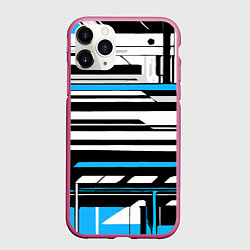 Чехол iPhone 11 Pro матовый Сине-белые технологические линии на чёрном фоне, цвет: 3D-малиновый