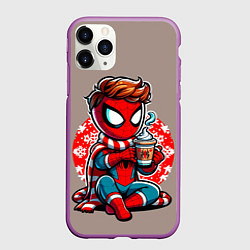 Чехол iPhone 11 Pro матовый Новогодний человек-паук с горячим шоколадом, цвет: 3D-фиолетовый