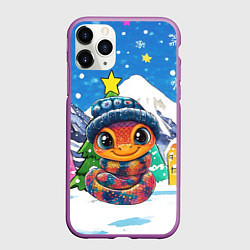 Чехол iPhone 11 Pro матовый Милая змейка на новогоднем фоне, цвет: 3D-фиолетовый