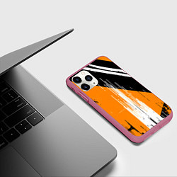 Чехол iPhone 11 Pro матовый Вертикальные чёрные линии на оранжево-белом фоне, цвет: 3D-малиновый — фото 2