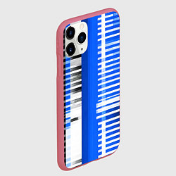 Чехол iPhone 11 Pro матовый White stripes on a black and blue background, цвет: 3D-малиновый — фото 2