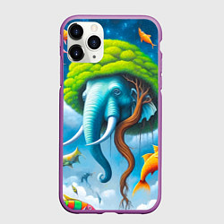 Чехол iPhone 11 Pro матовый Сюрреализм со слоном и рыбами - нейроарт фантазия, цвет: 3D-фиолетовый