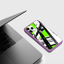 Чехол iPhone 11 Pro матовый Чёрно-белые абстрактные линии на зелёном фоне, цвет: 3D-фиолетовый — фото 2