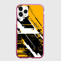 Чехол iPhone 11 Pro матовый Diagonal black and white stripes on a yellow backg, цвет: 3D-малиновый