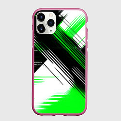 Чехол iPhone 11 Pro матовый Диагональные зелёно-чёрные линии на белом фоне, цвет: 3D-малиновый