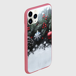 Чехол iPhone 11 Pro матовый Елочные игрушки и снег, цвет: 3D-малиновый — фото 2