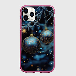 Чехол iPhone 11 Pro матовый Синие новогодние шары, цвет: 3D-малиновый
