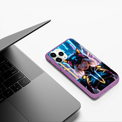 Чехол iPhone 11 Pro матовый Девушка кошка неон, цвет: 3D-фиолетовый — фото 2