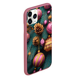 Чехол iPhone 11 Pro матовый Розовые новогодние шары и шишки, цвет: 3D-малиновый — фото 2