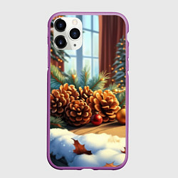 Чехол iPhone 11 Pro матовый Новогодние шишки, цвет: 3D-фиолетовый