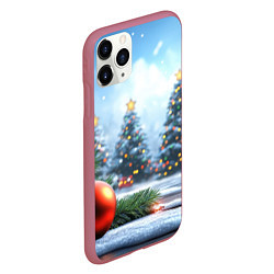 Чехол iPhone 11 Pro матовый Новогодние елки и шар, цвет: 3D-малиновый — фото 2