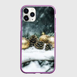 Чехол iPhone 11 Pro матовый Золотые шары и шишки, цвет: 3D-фиолетовый