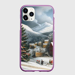 Чехол iPhone 11 Pro матовый Новогодняя огромная елка и маленькие домики, цвет: 3D-фиолетовый