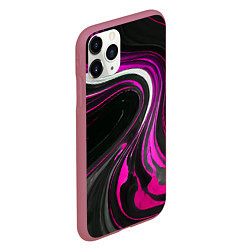 Чехол iPhone 11 Pro матовый Волнистые бело-розовые линии на чёрном фоне, цвет: 3D-малиновый — фото 2