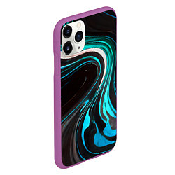 Чехол iPhone 11 Pro матовый Волнистые бело-голубые линии на чёрном фоне, цвет: 3D-фиолетовый — фото 2