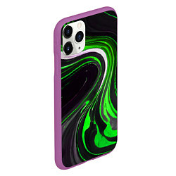 Чехол iPhone 11 Pro матовый Волнистые бело-зелёные линии на чёрном фоне, цвет: 3D-фиолетовый — фото 2