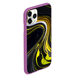 Чехол iPhone 11 Pro матовый Волнистые бело-жёлтые линии на чёрном фоне, цвет: 3D-фиолетовый — фото 2