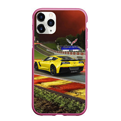 Чехол iPhone 11 Pro матовый Chevrolet Corvette на гоночной трассе, цвет: 3D-малиновый