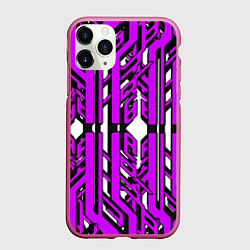 Чехол iPhone 11 Pro матовый Чёрно-фиолетовые техно полосы на белом фоне, цвет: 3D-малиновый