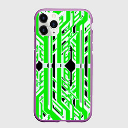 Чехол iPhone 11 Pro матовый Бело-зелёные техно полосы на чёрном фоне, цвет: 3D-фиолетовый