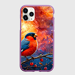 Чехол iPhone 11 Pro матовый Снегирь и космос, цвет: 3D-фиолетовый