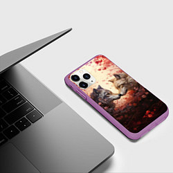 Чехол iPhone 11 Pro матовый Волк и волчица в бутонах цветов, цвет: 3D-фиолетовый — фото 2