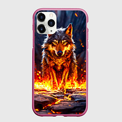 Чехол iPhone 11 Pro матовый Волк в огненной пещере, цвет: 3D-малиновый