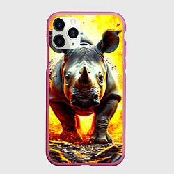 Чехол iPhone 11 Pro матовый Носорог в огне, цвет: 3D-малиновый