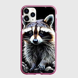 Чехол iPhone 11 Pro матовый Енот на черном, цвет: 3D-малиновый