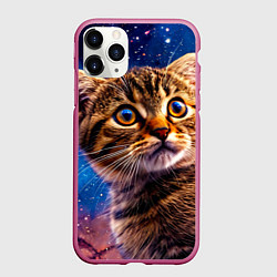 Чехол iPhone 11 Pro матовый Шотландская прямоухая кошка в космосе, цвет: 3D-малиновый