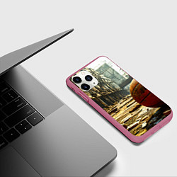 Чехол iPhone 11 Pro матовый Баскетбольный мяч и город постапокалипсиса, цвет: 3D-малиновый — фото 2