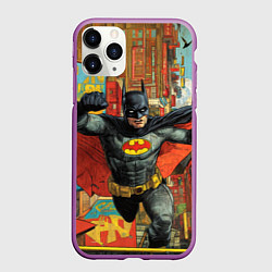 Чехол iPhone 11 Pro матовый Бэтмен на фоне города, цвет: 3D-фиолетовый