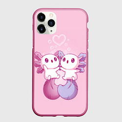 Чехол iPhone 11 Pro матовый Парочка аксолотлей, цвет: 3D-малиновый