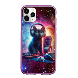 Чехол iPhone 11 Pro матовый Котёнок в наушниках с мышкой в космосе, цвет: 3D-фиолетовый