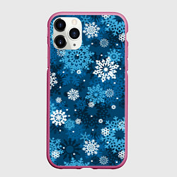 Чехол iPhone 11 Pro матовый Снежинки белые и голубые, цвет: 3D-малиновый