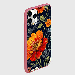 Чехол iPhone 11 Pro матовый Маки и пионы старинный паттерн, цвет: 3D-малиновый — фото 2