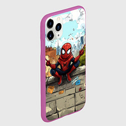 Чехол iPhone 11 Pro матовый Маленький человек-паук в городе, цвет: 3D-фиолетовый — фото 2