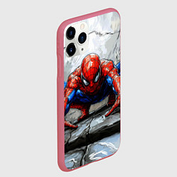 Чехол iPhone 11 Pro матовый Человек-паук палзет на стене, цвет: 3D-малиновый — фото 2