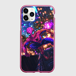 Чехол iPhone 11 Pro матовый Человек-паук и фиолетовый свет, цвет: 3D-малиновый