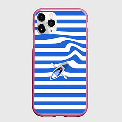 Чехол iPhone 11 Pro матовый Лодка плывет по тельняшке, цвет: 3D-малиновый