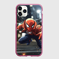 Чехол iPhone 11 Pro матовый Человек-паук запускает паутину, цвет: 3D-малиновый