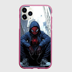 Чехол iPhone 11 Pro матовый Человек-паук в кедах, цвет: 3D-малиновый